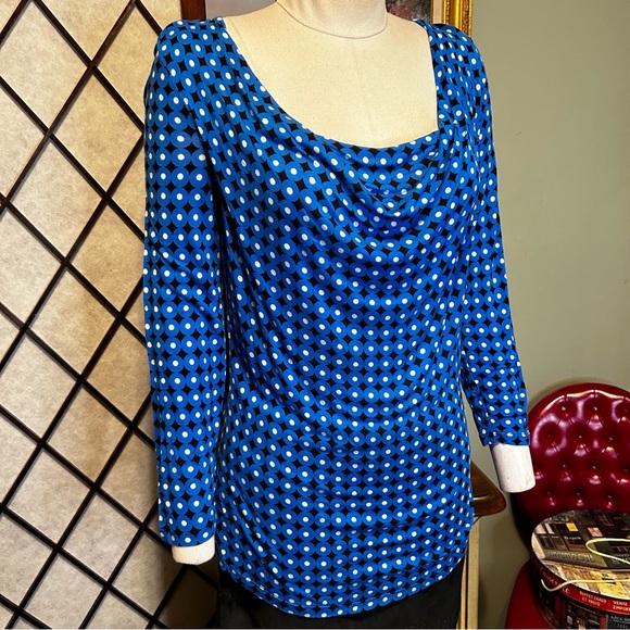 Michael Kors Blue Black White Circle Diamond Draped Neck Shirt Blouse New NWOT - Picture 6 of 10